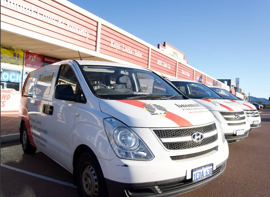 Three cars from the fleet at diamond lock and security.