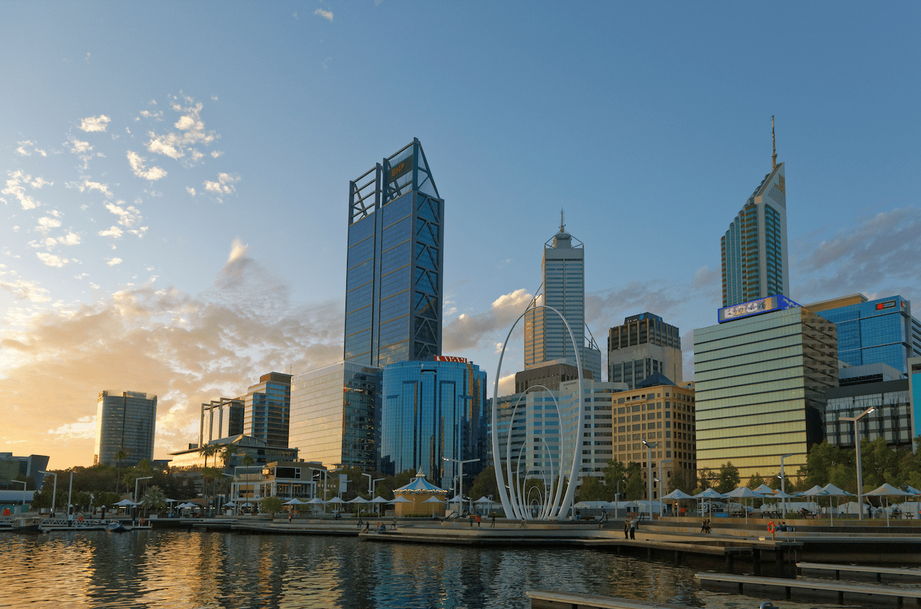 Perth city afternoon with the sun shining on the buildings.