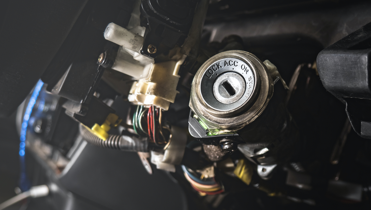 Key ignition lock and cylinder removed from a vehicle.